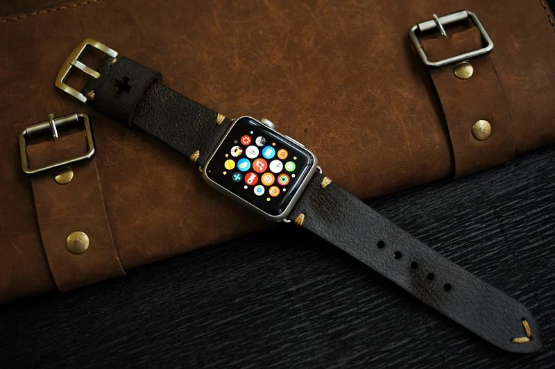 AWBF20-D2 GOLD handgefertigt Vintage Leder Uhrenarmband incl. Lugs Adapter für Apple Watch 1 und 2 (oder Apple Watch Sport) 42mm oder 38mm – Bild 3